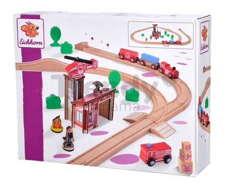 Drevená vláčikodráha s požiarnou stanicou Train Set Firestation Eichhorn s vlakom 33 dielov 235 cm dĺžka koľajníc