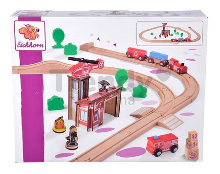 Drevená vláčikodráha s požiarnou stanicou Train Set Firestation Eichhorn s vlakom 33 dielov 235 cm dĺžka koľajníc