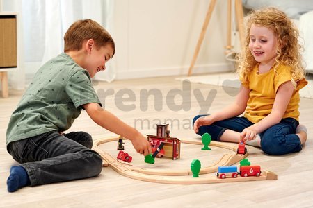 Drevená vláčikodráha s požiarnou stanicou Train Set Firestation Eichhorn s vlakom 33 dielov 235 cm dĺžka koľajníc