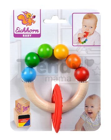 Drevená hrkálka s hryzátkom na krúžku Baby Eichhorn s farebnými guličkami od 3 mes
