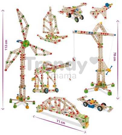 Drevená stavebnica veterný mlyn Constructor Windmill Eichhorn 8 modelov (mlyn, žeriav, lietadlo, stíhačka, katamaran, auto, most, žeriav na kontajnery