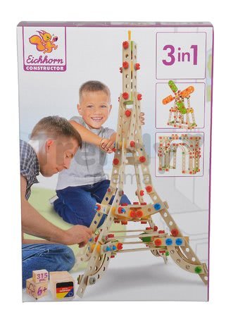 Drevená stavebnica Eiffelova veža Constructor Eiffel Tower Eichhorn 3 modely (Eiffelova veža, veterný mlyn, Víťazný oblúk) 315 dielov od 6 rokov