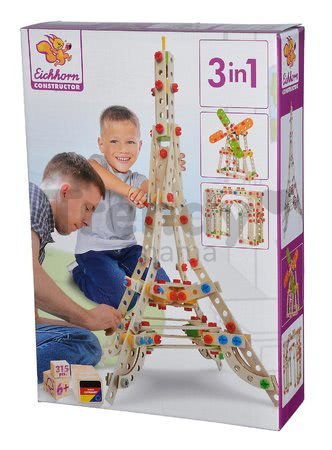 Drevená stavebnica Eiffelova veža Constructor Eiffel Tower Eichhorn 3 modely (Eiffelova veža, veterný mlyn, Víťazný oblúk) 315 dielov od 6 rokov