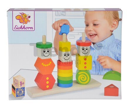 Drevená skladačka figúrky Stacking Puzzle Figures Eichhorn farebné a vzorované tvary 21 dielov od 12 mes