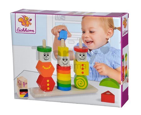 Drevená skladačka figúrky Stacking Puzzle Figures Eichhorn farebné a vzorované tvary 21 dielov od 12 mes