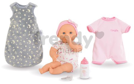 Bábika Bébé Calin Good Night Set Corolle s modrými klipkajúcimi očami a spacím vakom s fľašou a cumlíkom 30 cm od 18 mes