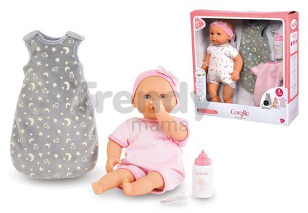 Bábika Bébé Calin Good Night Set Corolle s modrými klipkajúcimi očami a spacím vakom s fľašou a cumlíkom 30 cm od 18 mes