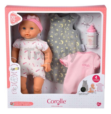 Bábika Bébé Calin Good Night Set Corolle s modrými klipkajúcimi očami a spacím vakom s fľašou a cumlíkom 30 cm od 18 mes