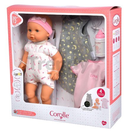 Bábika Bébé Calin Good Night Set Corolle s modrými klipkajúcimi očami a spacím vakom s fľašou a cumlíkom 30 cm od 18 mes