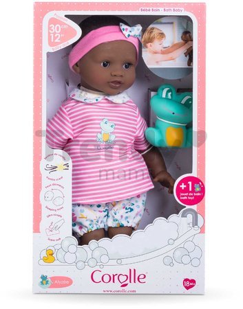 Bábika na kúpanie Baby Bath Alyzée Mon Premiere Poupon Corolle s čiernymi klipkajúcimi očami a žabou 30 cm od 18 mes
