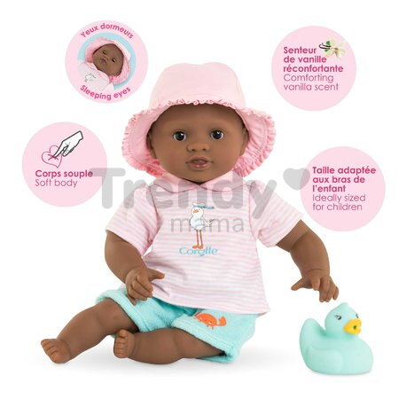 Bábika na kúpanie Baby Bath Alyzée Mon Premiere Poupon Corolle s hnedými klipkajúcimi očami a kačičkou 30 cm od 18 mes