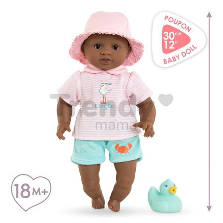 Bábika na kúpanie Baby Bath Alyzée Mon Premiere Poupon Corolle s hnedými klipkajúcimi očami a kačičkou 30 cm od 18 mes