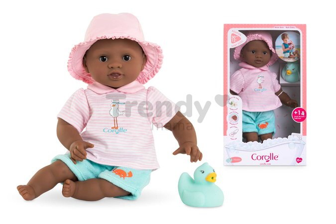 Bábika na kúpanie Baby Bath Alyzée Mon Premiere Poupon Corolle s hnedými klipkajúcimi očami a kačičkou 30 cm od 18 mes