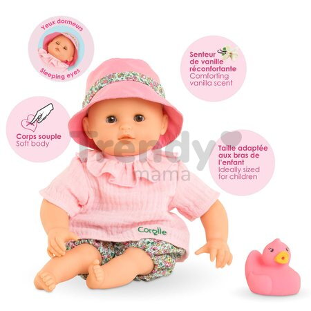 Bábika na kúpanie Baby Bath Coralie Mon Premiere Poupon Corolle s hnedými klipkajúcimi očami a kačičkou 30 cm od 18 mes