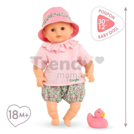 Bábika na kúpanie Baby Bath Coralie Mon Premiere Poupon Corolle s hnedými klipkajúcimi očami a kačičkou 30 cm od 18 mes