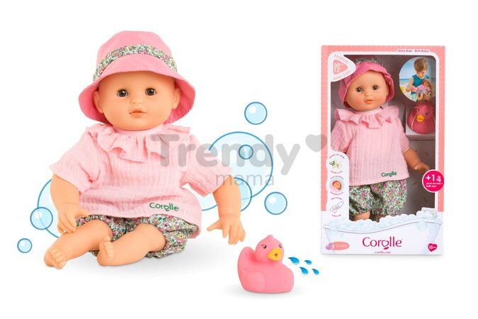 Bábika na kúpanie Baby Bath Coralie Mon Premiere Poupon Corolle s hnedými klipkajúcimi očami a kačičkou 30 cm od 18 mes
