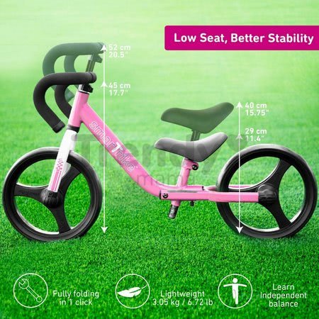 Balančné odrážadlo skladacie Folding Balance Bike Pink smarTrike ružové z hliníka s ergonomickými úchytmi od 2-5 rokov a chrániče ako darček