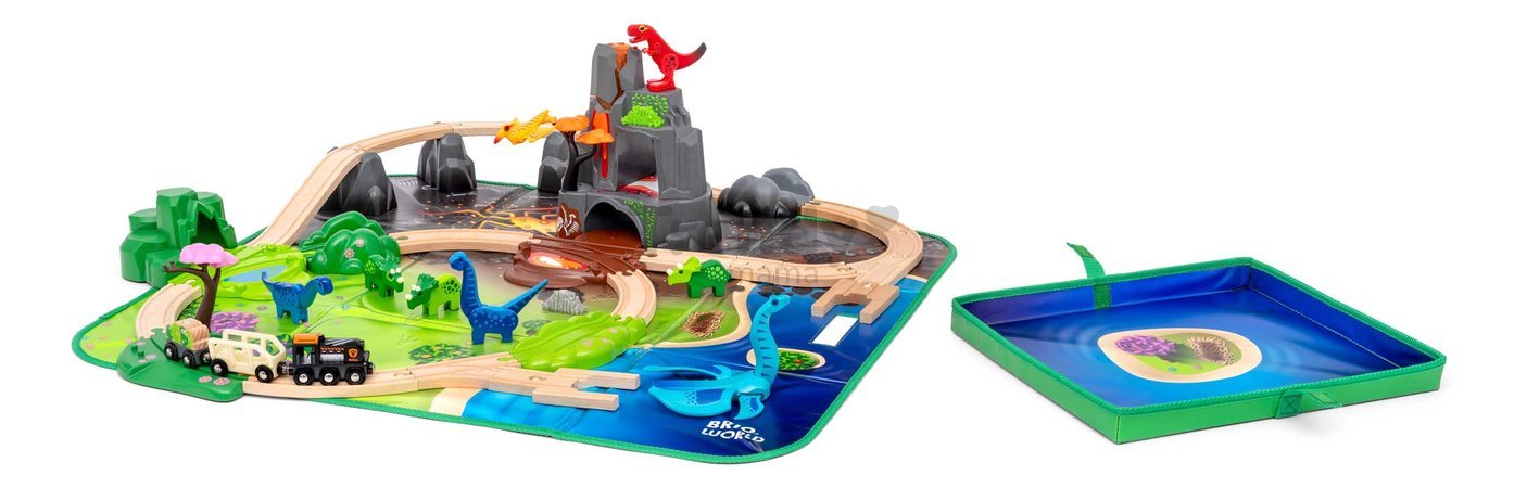 Drevená vláčikodráha s dinosaurmi Dinosaur Deluxe Set BRIO sopka so zvukom a svetlom a vláčik s 8 figúrkami 45 dielov