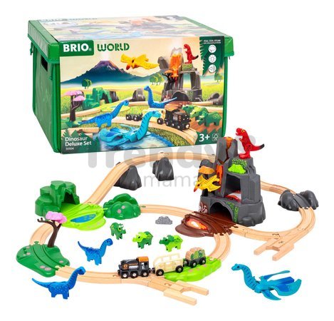 Drevená vláčikodráha s dinosaurmi Dinosaur Deluxe Set BRIO sopka so zvukom a svetlom a vláčik s 8 figúrkami 45 dielov