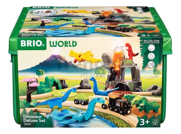 Drevená vláčikodráha s dinosaurmi Dinosaur Deluxe Set BRIO sopka so zvukom a svetlom a vláčik s 8 figúrkami 45 dielov