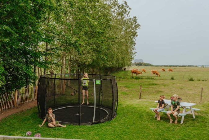 Trampolína s ochrannou sieťou Dynamic Groundlevel Exit Toys do zeme okrúhla 366 cm priemer čierna