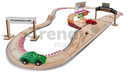 Drevená autodráha Porsche Racing Set Eichhorn s pit stopom a 2 pretekárskymi autami 350 cm dĺžka 31 dielov