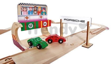Drevená autodráha Porsche Racing Set Eichhorn s pit stopom a 2 pretekárskymi autami 350 cm dĺžka 31 dielov