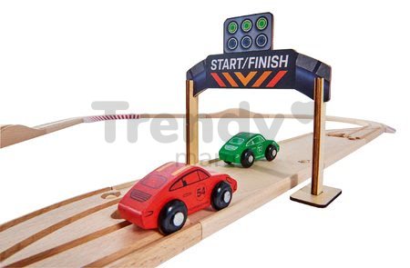 Drevená autodráha Porsche Racing Set Eichhorn s pit stopom a 2 pretekárskymi autami 350 cm dĺžka 31 dielov