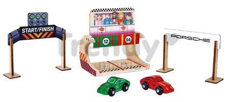 Drevená autodráha Porsche Racing Set Eichhorn s pit stopom a 2 pretekárskymi autami 350 cm dĺžka 31 dielov