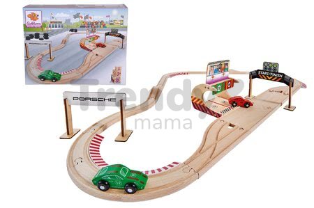 Drevená autodráha Porsche Racing Set Eichhorn s pit stopom a 2 pretekárskymi autami 350 cm dĺžka 31 dielov