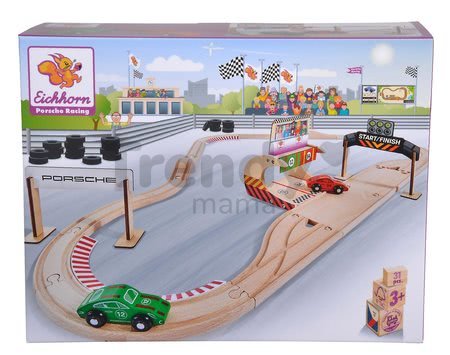 Drevená autodráha Porsche Racing Set Eichhorn s pit stopom a 2 pretekárskymi autami 350 cm dĺžka 31 dielov