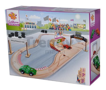 Drevená autodráha Porsche Racing Set Eichhorn s pit stopom a 2 pretekárskymi autami 350 cm dĺžka 31 dielov