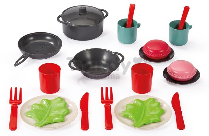 Piknikový košík s obedovou súpravou 100% Chef Écoiffier 23 cm s hrncom panvicou príbormi a makrónkami 22 dielov od 18 mes