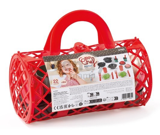 Piknikový košík s obedovou súpravou 100% Chef Écoiffier 23 cm s hrncom panvicou príbormi a makrónkami 22 dielov od 18 mes