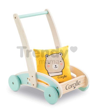 Drevené chodítko a kočík Wooden Baby Walker Pilow Corolle s mäkkým vankúšom pre bábiku od 12 mes