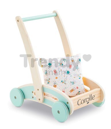 Drevené chodítko a kočík Wooden Baby Walker Pilow Corolle s mäkkým vankúšom pre bábiku od 12 mes