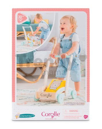 Drevené chodítko a kočík Wooden Baby Walker Pilow Corolle s mäkkým vankúšom pre bábiku od 12 mes