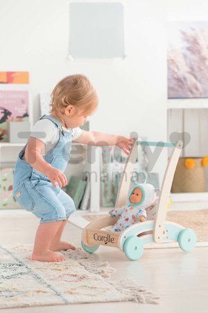 Drevené chodítko a kočík Wooden Baby Walker Pilow Corolle s mäkkým vankúšom pre bábiku od 12 mes