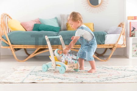 Drevené chodítko a kočík Wooden Baby Walker Pilow Corolle s mäkkým vankúšom pre bábiku od 12 mes