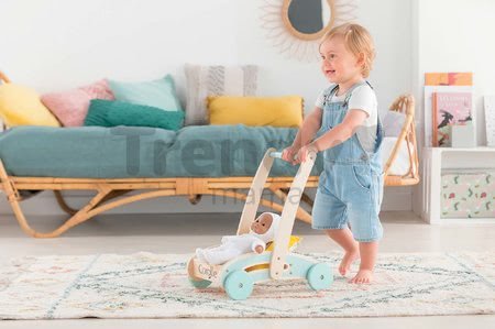 Drevené chodítko a kočík Wooden Baby Walker Pilow Corolle s mäkkým vankúšom pre bábiku od 12 mes