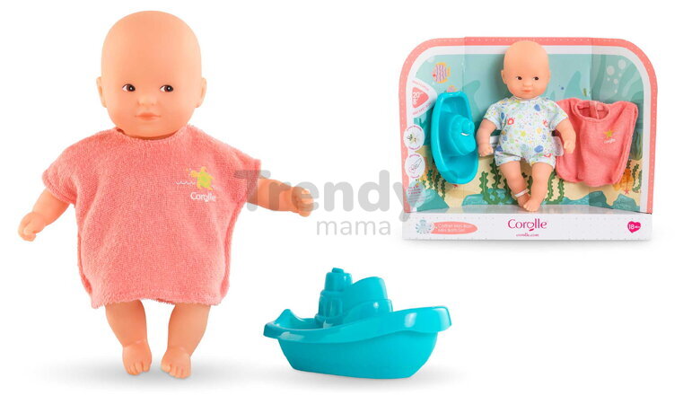 Bábika do vane Mini Bath Set Mon Premier Poupon Corolle s hnedými očami so županom a loďkou 20 cm od 18 mes