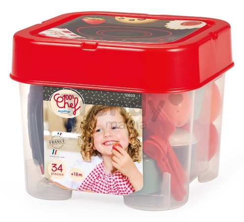 Obedová súprava v dóze 100% Chef Écoiffier 34 doplnkov s kávovarom a ovocím od 18 mes