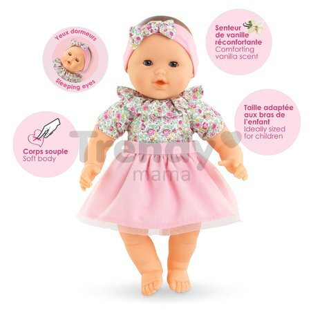 Bábika Mon Adorable Grand Poupon Blossom Garden Corolle s modrými klipkajúcimi očami špúliace ústočká so sukničkou 36 cm od 24 mes