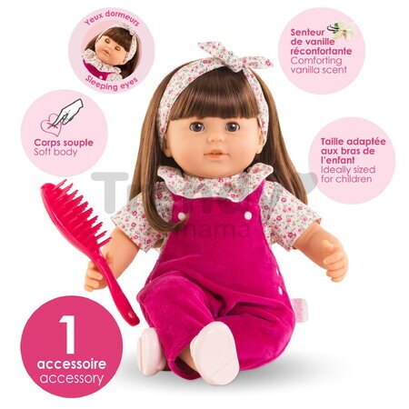 Bábika Julie Pink Grenadine Mon Grand Poupon Corolle s hnedými klipkajúcimi očami a dlhé hnedé vlasy s hrebeňom 36 cm