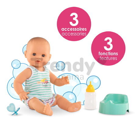 Bábika Paul pije a ciká Bath Baby Aqua Mon Grand Poupon Corolle s hnedými klipkajúcimi očami a 3 doplnky 36 cm od 24 mes
