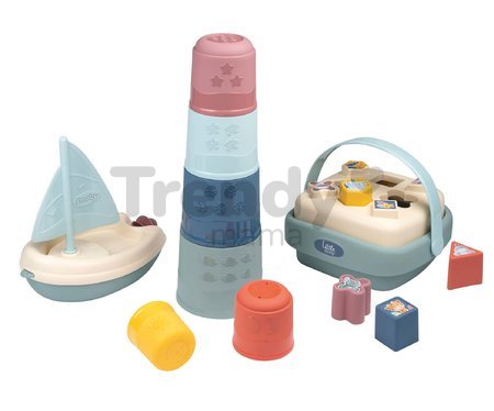 Didaktický košík s plachetnicou a skladacou vežou Awakenings and Bath Set Little Smoby s 8 kockami a 6 šálkami pre jemnú motoriku od 12 mes