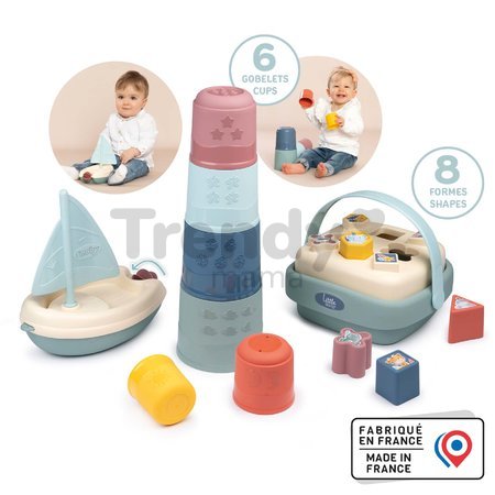 Didaktický košík s plachetnicou a skladacou vežou Awakenings and Bath Set Little Smoby s 8 kockami a 6 šálkami pre jemnú motoriku od 12 mes