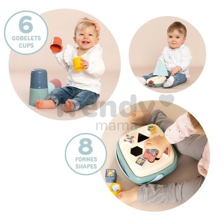 Didaktický košík s plachetnicou a skladacou vežou Awakenings and Bath Set Little Smoby s 8 kockami a 6 šálkami pre jemnú motoriku od 12 mes