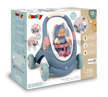 Didaktické chodítko a kočík Baby Walker 3v1 + Baby Doll Little Smoby s 30 cm bábikou a brzdovým systémom od 12 mes