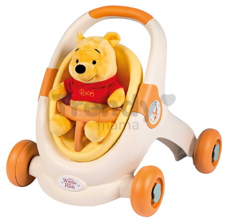 Didaktické chodítko a kočík Winnie the Pooh Baby Walker 3v1 Smoby s 25 cm plyšovou bábikou a brzdami od 12 mes